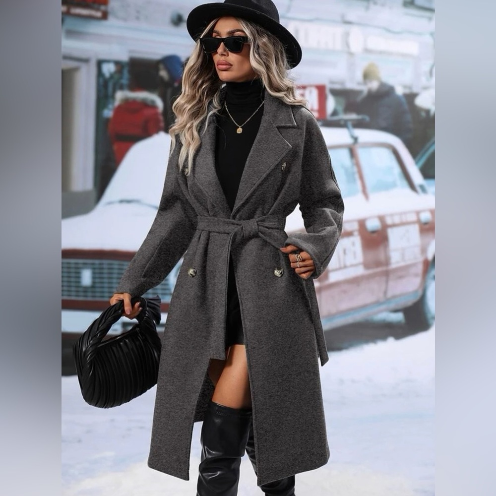 SHEIN Frenchy Lapel Neck Double Breasted Belted Overcoat dark grey 2 pockets